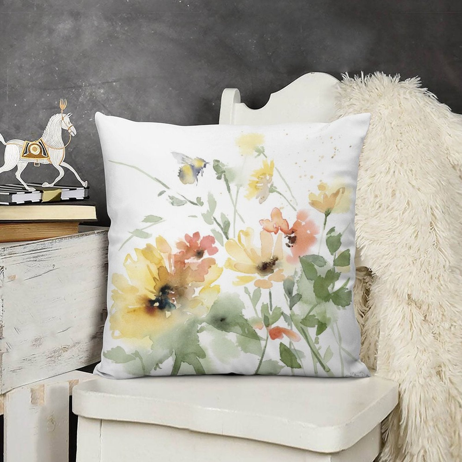 Watercolor floral plush pillow cover, perfect for sofa or couch. Features yellow and orange flowers and a bee design