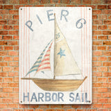 Nautical metal sign with sailboat, "PIER 6 HARBOR SAIL" artwork, beach decor, made in USA