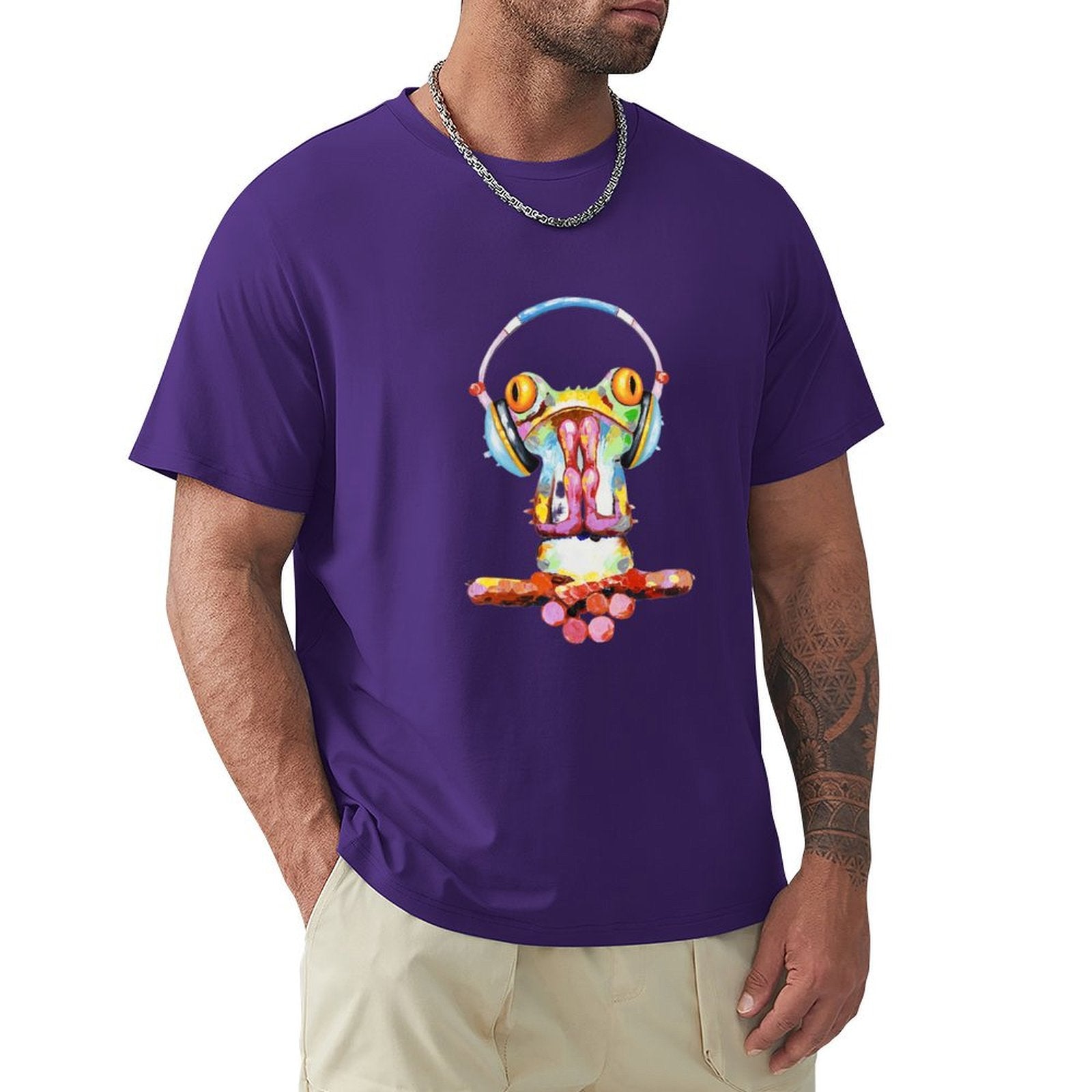 Men's purple cotton crew neck t-shirt featuring colorful frog with headphones print. MyArtsyGift.