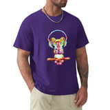 Men's purple cotton crew neck t-shirt featuring colorful frog with headphones print. MyArtsyGift.