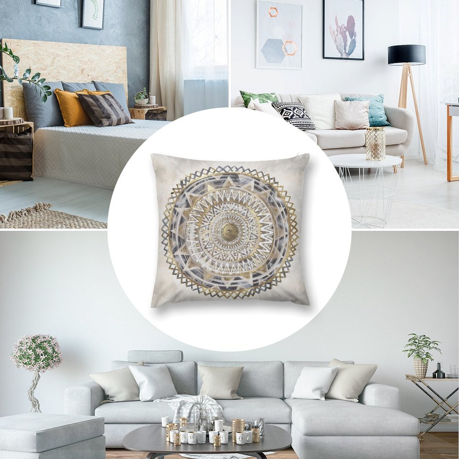 Mandala design pillow cover, short plush material, gold and white accents, perfect for sofa and living room decor