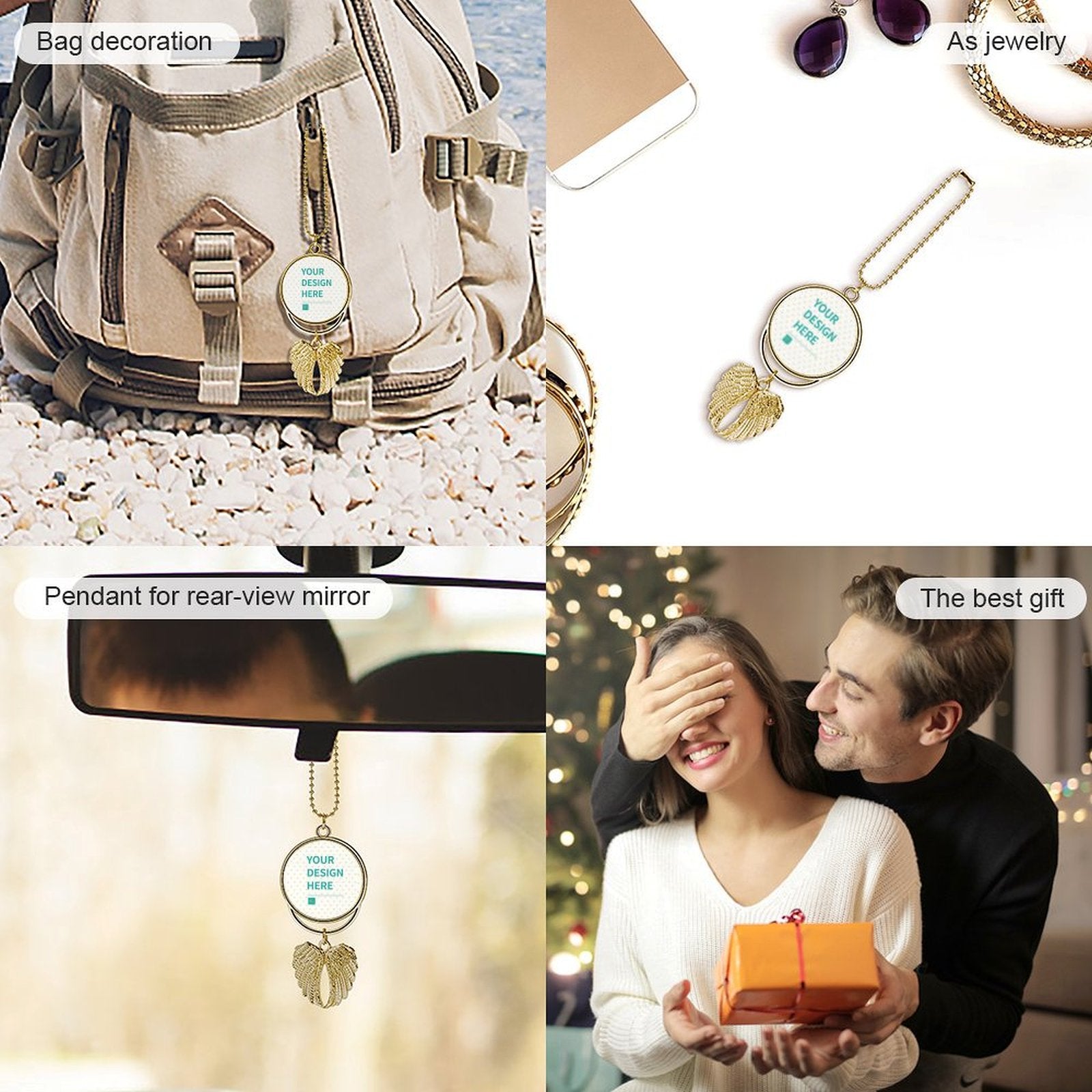 Custom car rear view mirror hanging ornament with angel wings, personalized design; Zinc alloy, perfect gift.