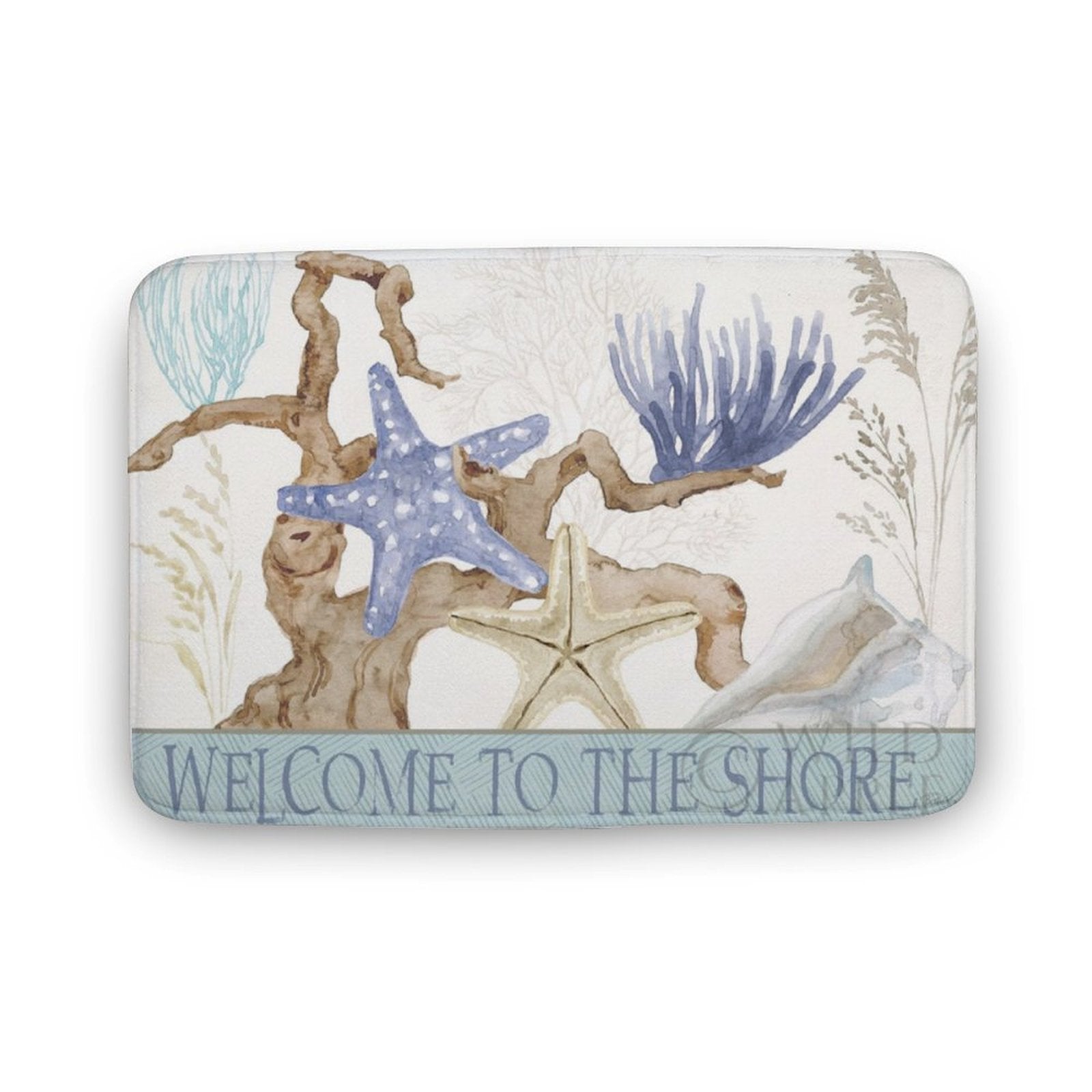 Coral velvet bath rug with coastal design, starfish and 'Welcome to the Shore' text, non-slip for bathroom.