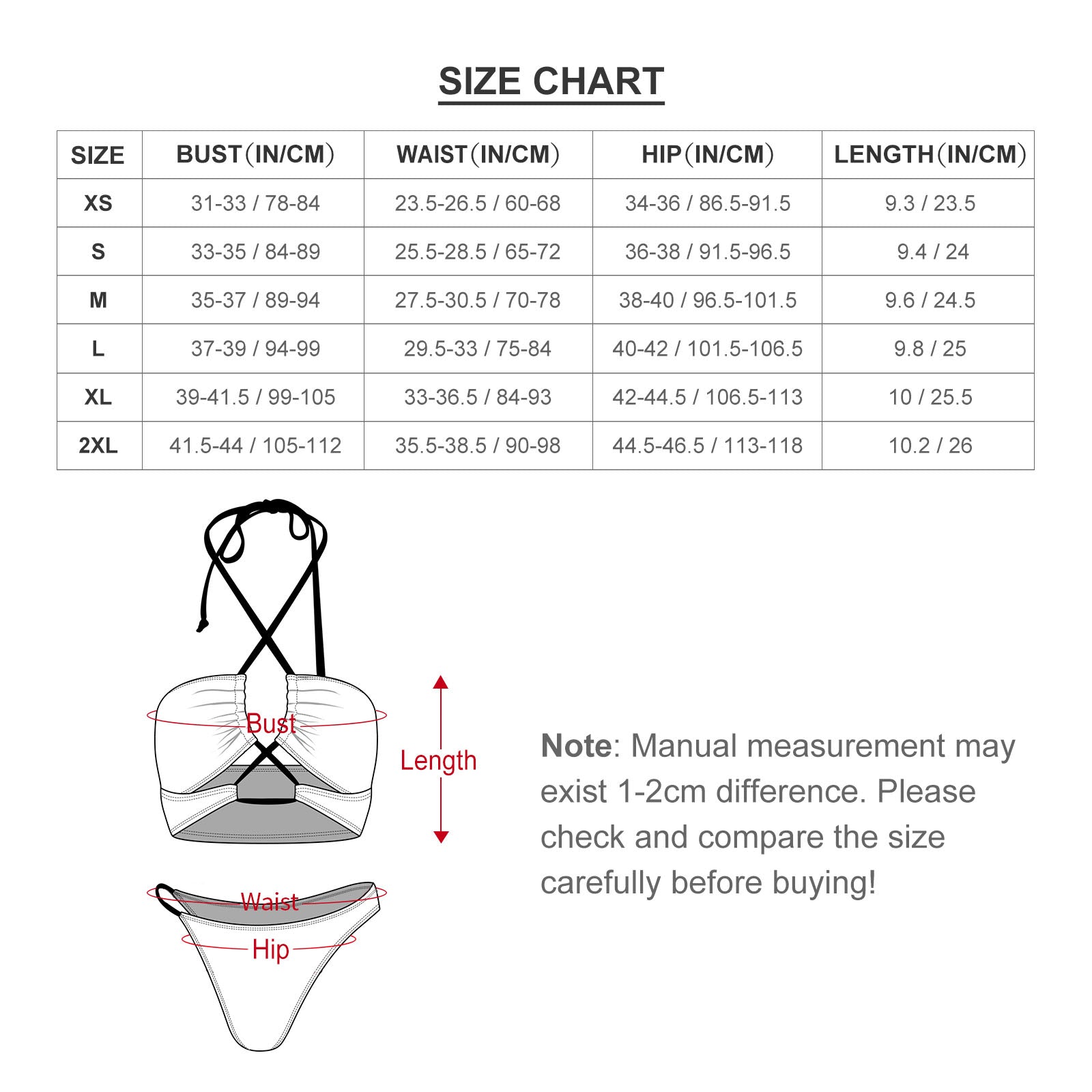 Custom Swimsuit Size Chart: Bust, Waist, Hip, Length measurements for personalized beachwear. Find your perfect fit!