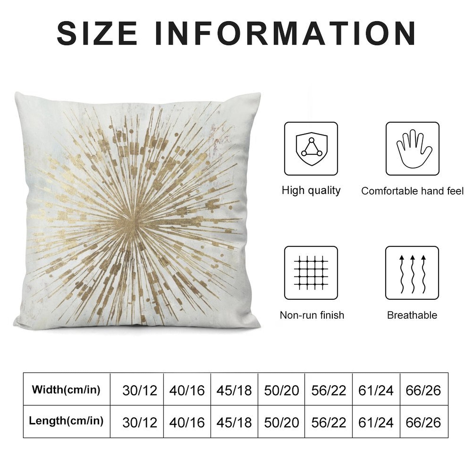 Plush pillow cover: gold burst design, white background, high quality, breathable, and size information for sofa or couch