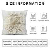 Plush pillow cover: gold burst design, white background, high quality, breathable, and size information for sofa or couch