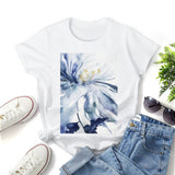 White t-shirt with watercolor blue floral print; artistic, unique design. Perfect gift.