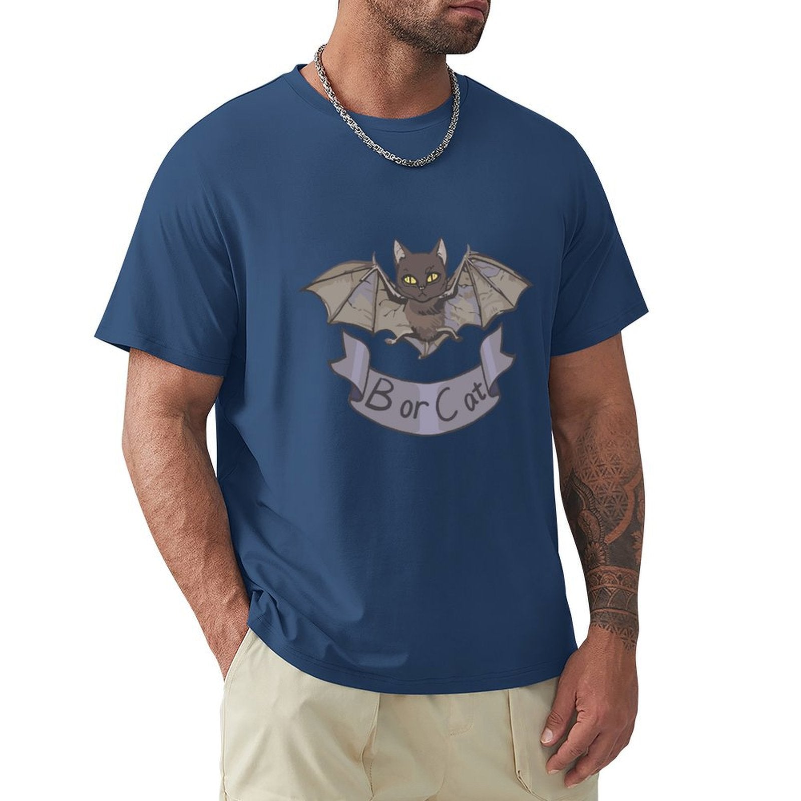 MyArtsyGift Men's navy blue Bor Cat T-shirt. Classic crew neck tee with cat bat graphic.