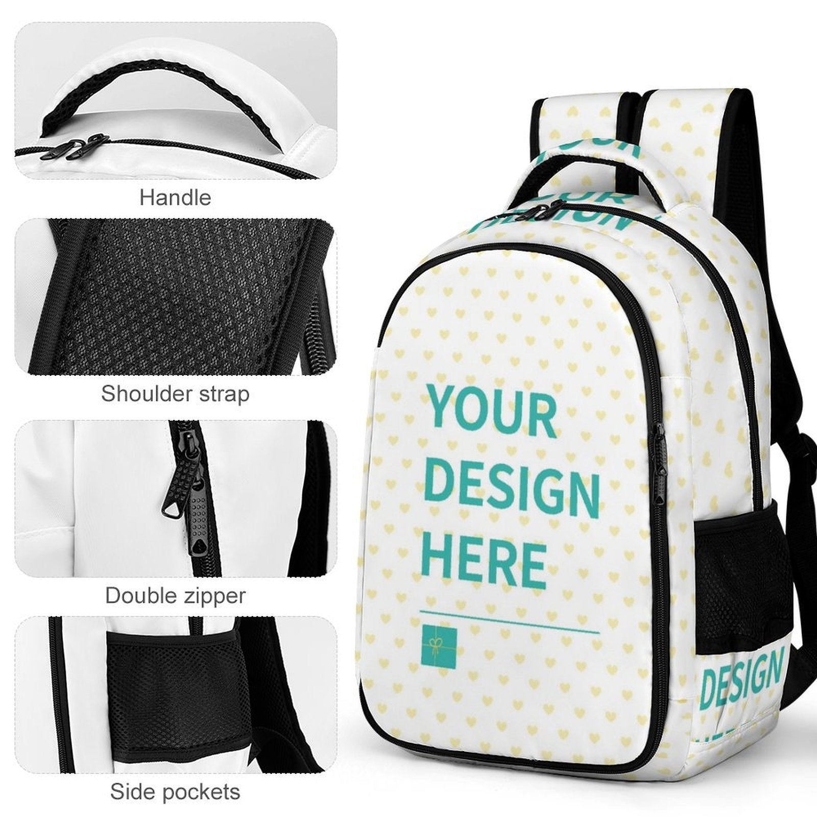 Customizable kids backpack with heart pattern, side pockets, and 'Your Design Here' design for school.