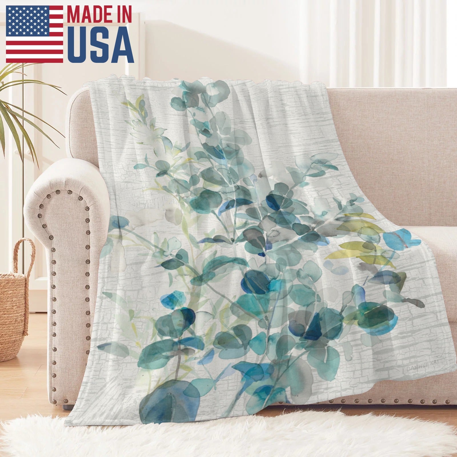 Eucalyptus IV flannel blanket made in USA, blue green watercolor design, soft polyester, cozy home decor.