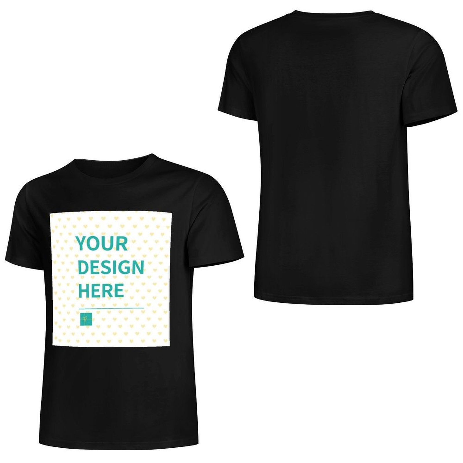 Customizable black cotton t-shirt with 'YOUR DESIGN HERE' text, perfect for personalized gifts, Unisex style.