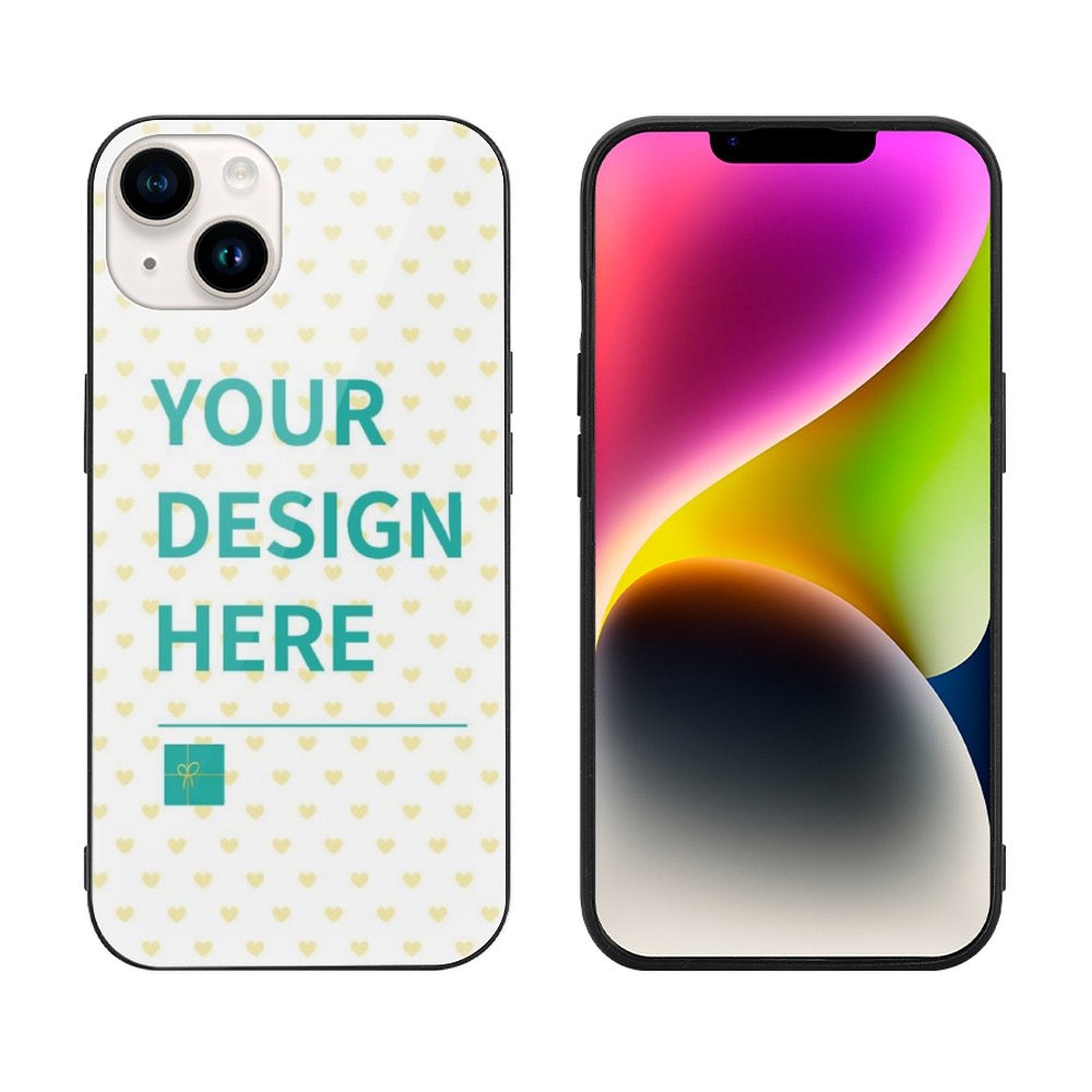 Custom iPhone 14 case with 'YOUR DESIGN HERE' design and heart pattern, MyArtsyGift.com