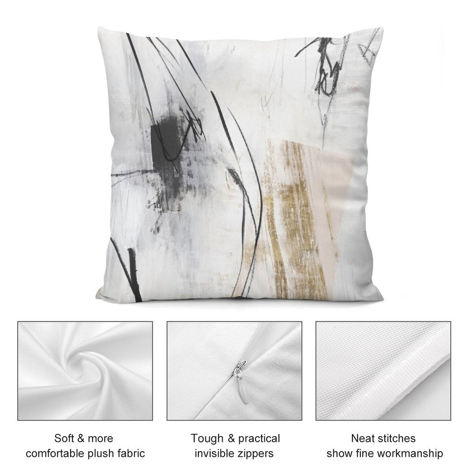 Abstract art pillow cover in neutral tones, short plush fabric, with invisible zipper, perfect for sofa and home decor.