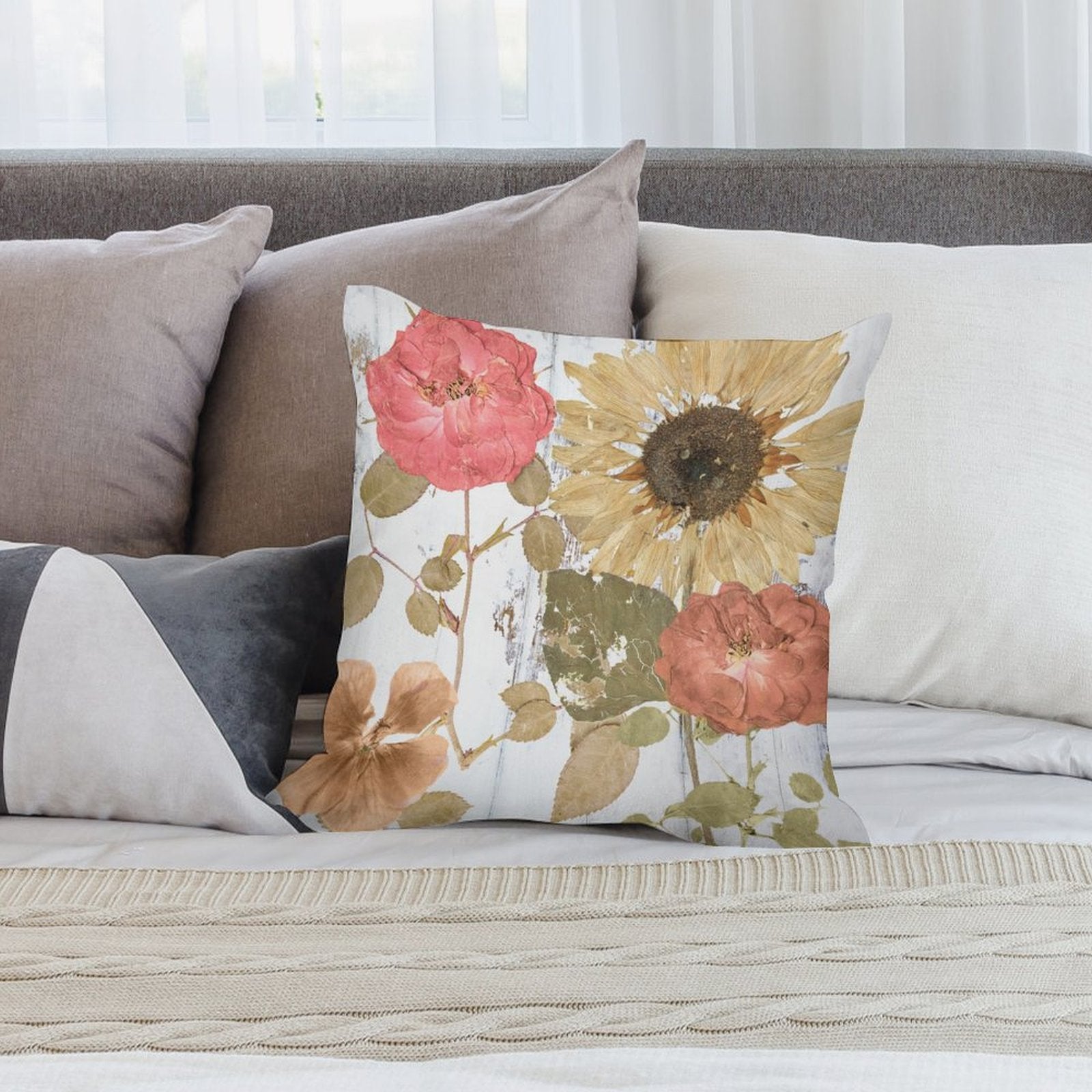 Floral throw pillow cover with roses and sunflower design, soft short plush, ideal for sofa decor