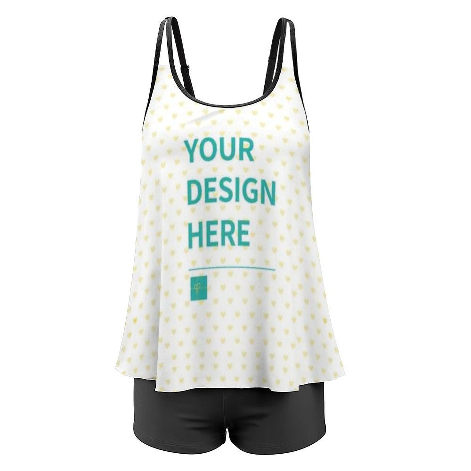 Customizable tankini swimsuit with heart pattern, 'YOUR DESIGN HERE' text, black shorts. Personalized bathing suit.