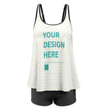 Customizable tankini swimsuit with heart pattern, 'YOUR DESIGN HERE' text, black shorts. Personalized bathing suit.