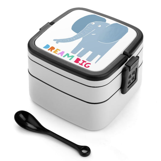 Kids' bento lunch box with elephant design and "DREAM BIG" text; double-layer, white container with black spoon.