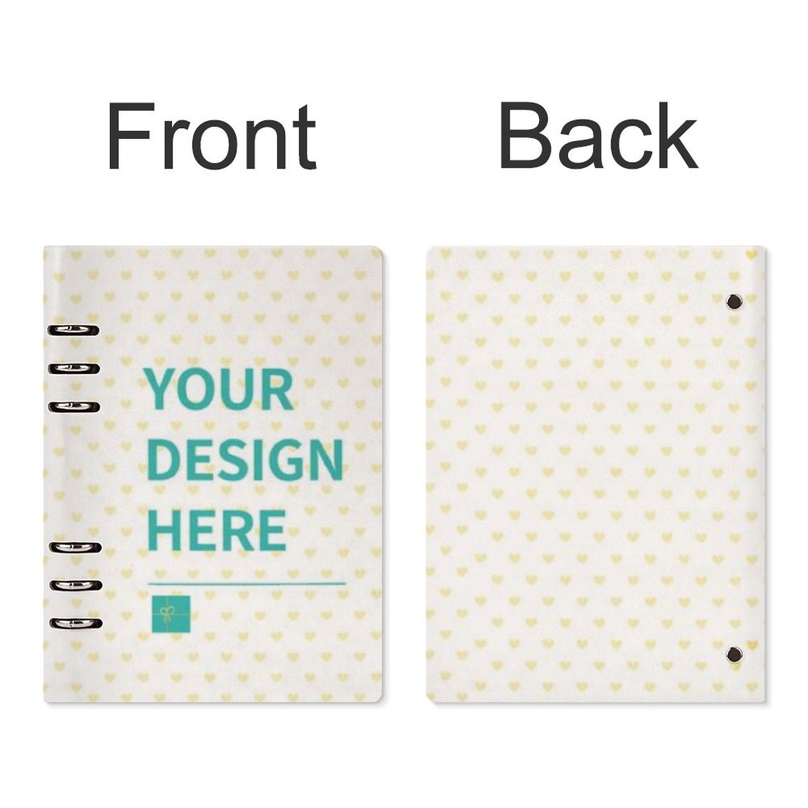 Customizable loose-leaf notebook with heart pattern. Perfect for note-taking, school, or office. 'YOUR DESIGN HERE' design