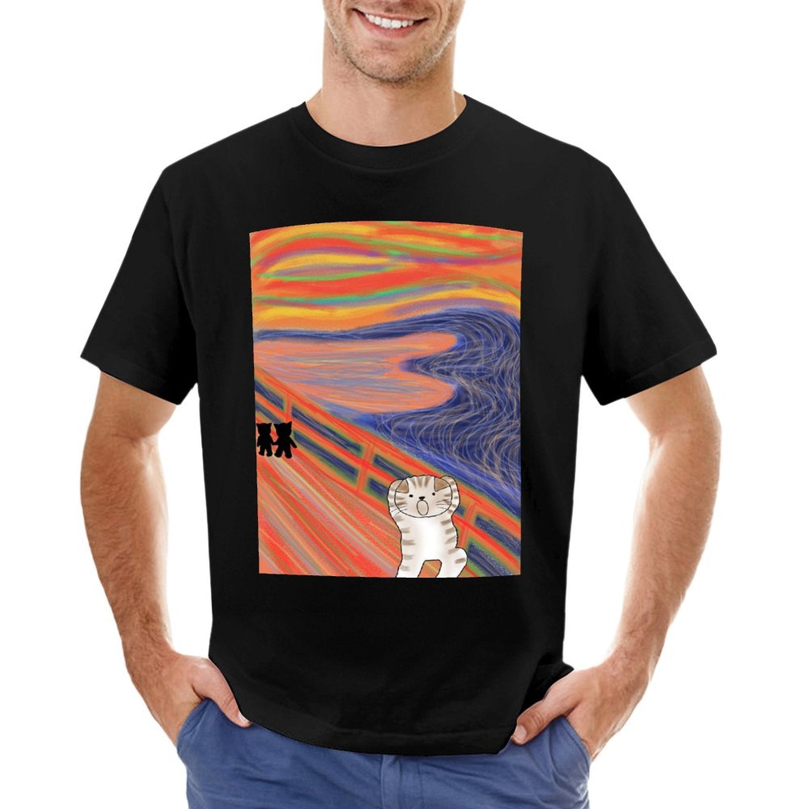 Men's black cotton t-shirt with 'The Scream' cat art print, unique classic tee for men