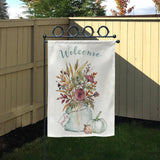 Double sided Welcome garden flag with floral and pumpkin design, perfect for yard decor