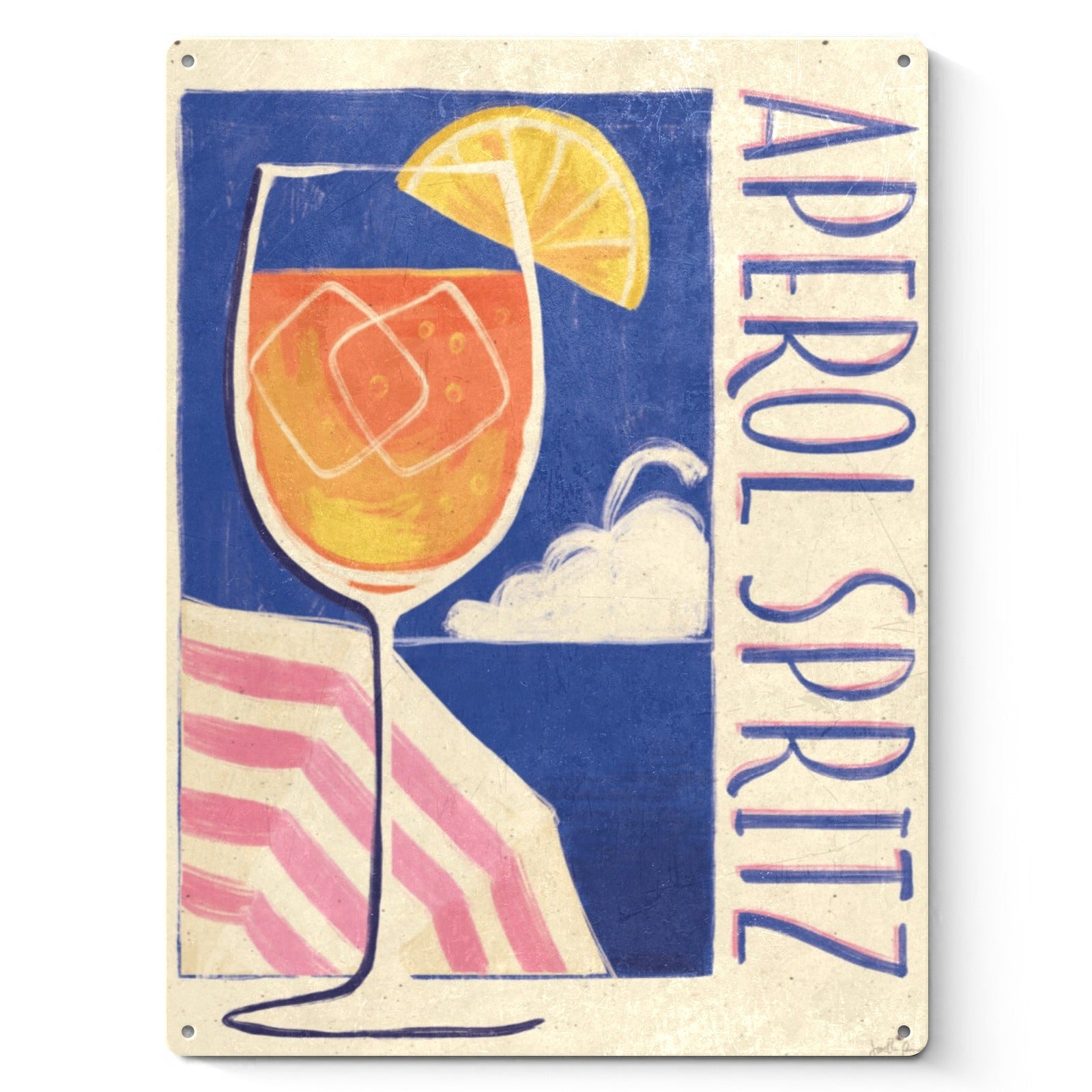 Vintage metal sign Aperol Spritz cocktail art, orange drink with lemon slice, home office decor