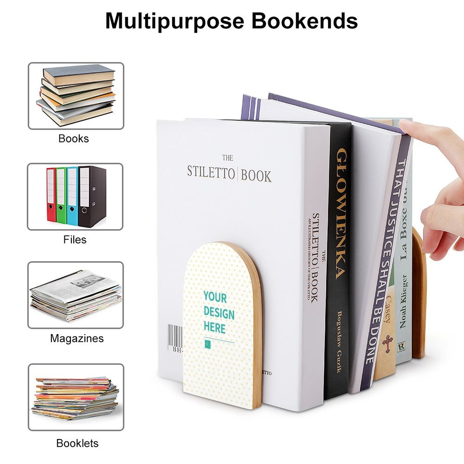Personalized wood bookends with user's design holding books, office and bookshelf organizer.