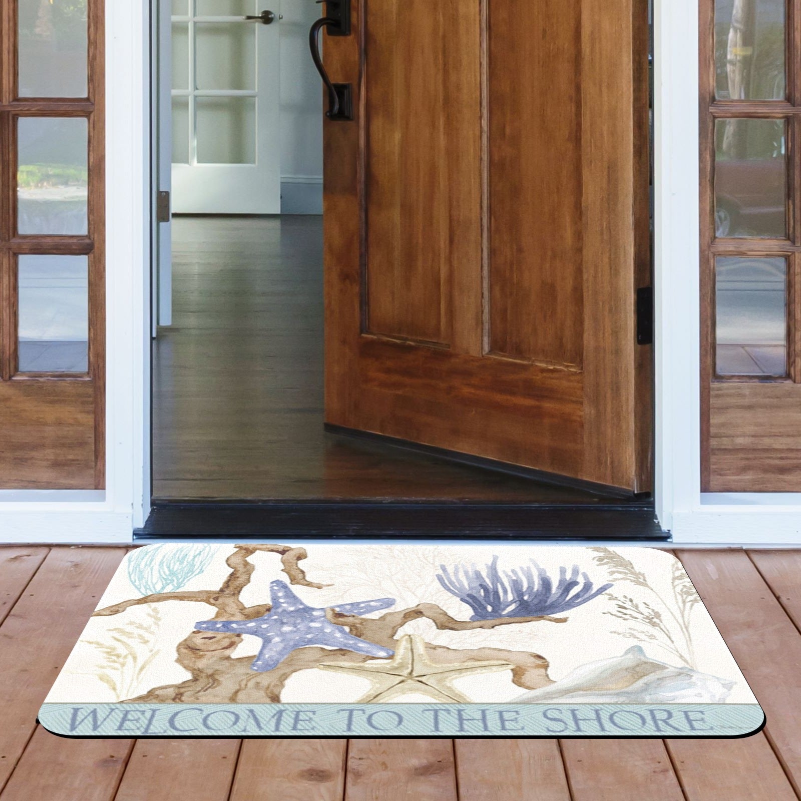 Soft Welcome Entrance Doormat with beach design, rubber floor mat, "WELCOME TO THE SHORE" text for home entrance.