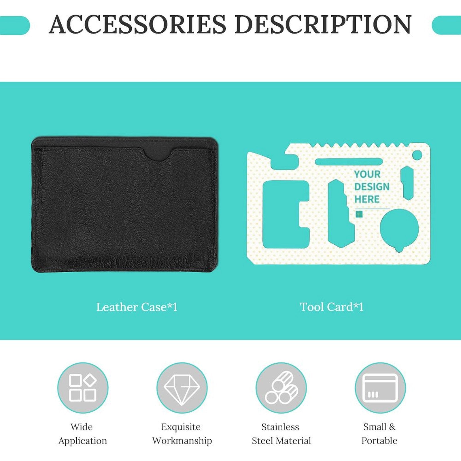 Stainless steel multitool card with leather case, customizable design area, perfect gift for men.