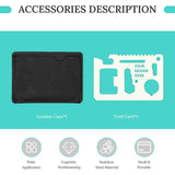 Stainless steel multitool card with leather case, customizable design area, perfect gift for men.