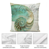 Square plush pillow cover with a teal seashell design and Coquillage text, home decor item