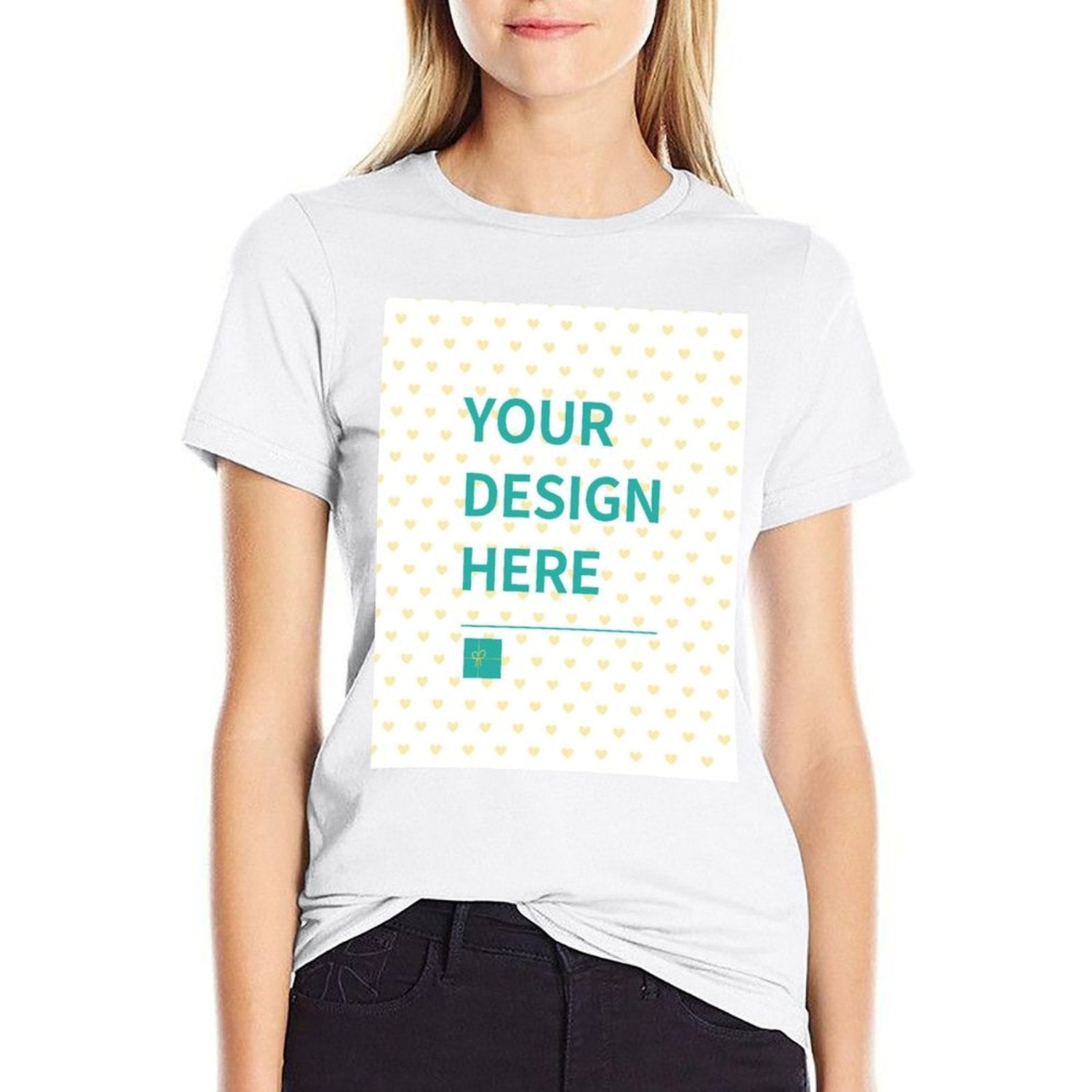 Customizable white women's t-shirt with 'YOUR DESIGN HERE' design area, short sleeve, round neck, MyArtsyGift