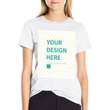 Customizable white women's t-shirt with 'YOUR DESIGN HERE' design area, short sleeve, round neck, MyArtsyGift