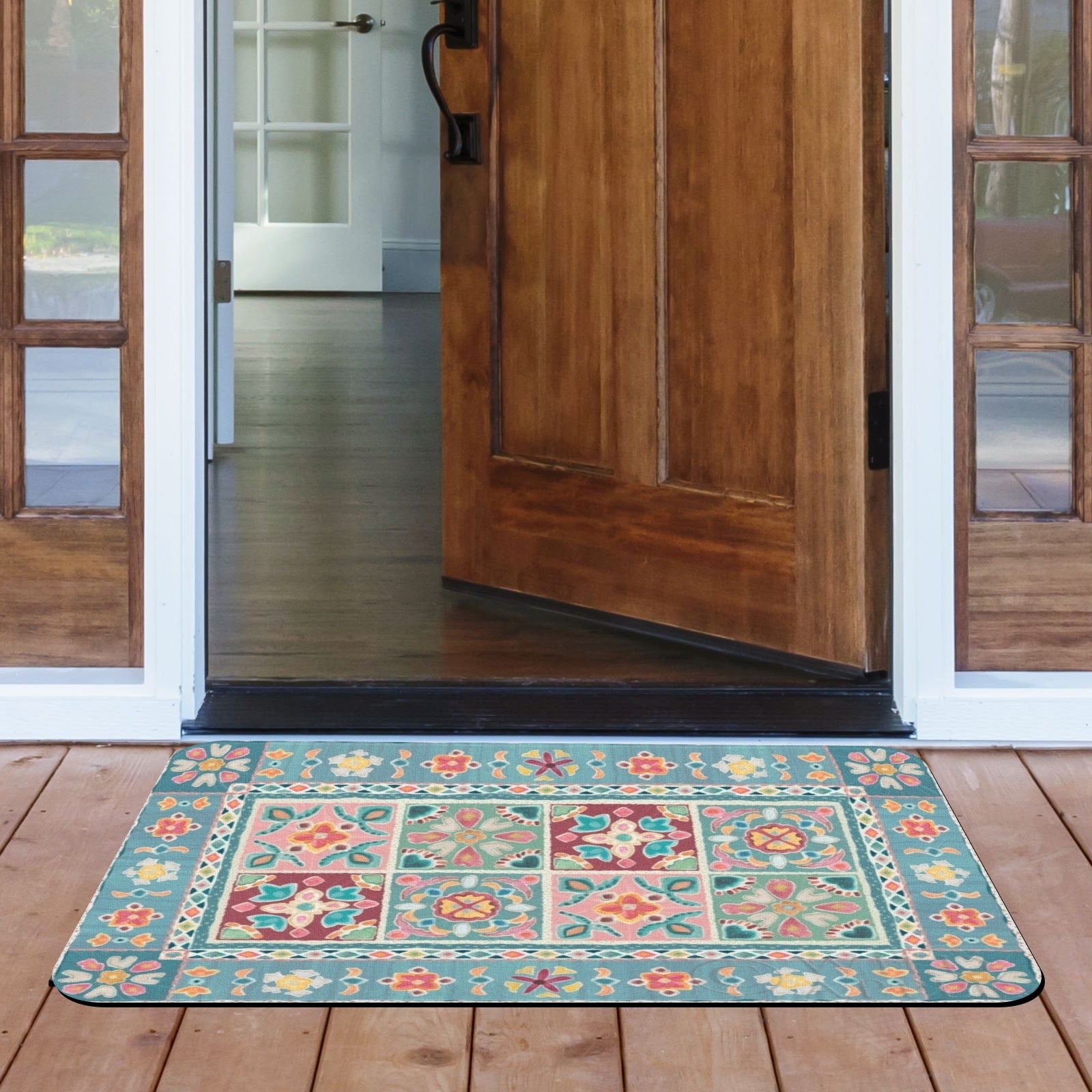 Floral door mat at entrance, teal, pink and yellow pattern, durable entrance mat, for indoor and outdoor use