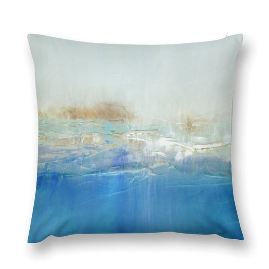 Abstract art plush throw pillow cover with blue, white, and gold tones, MyArtsyGift decor