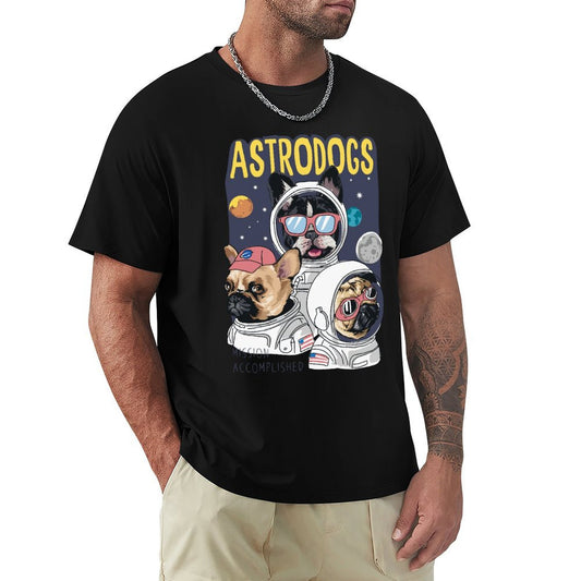 Black crew neck t-shirt for men with ASTRODOGS design, perfect for leisure and travel, S-6XL