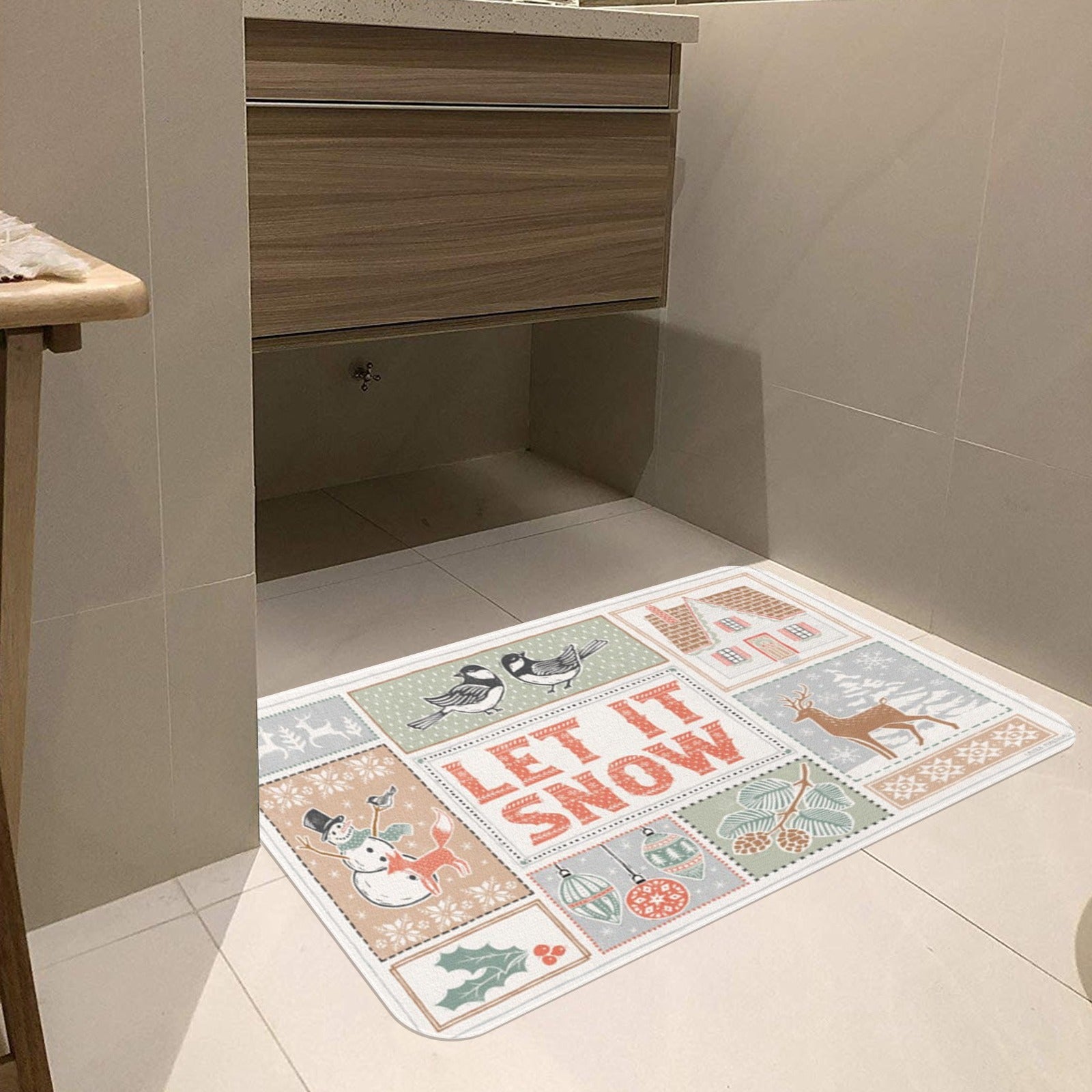 Frosty white 'LET IT SNOW' rubber doormat for indoor/outdoor use, winter-themed, decorative entrance mat, floor mat