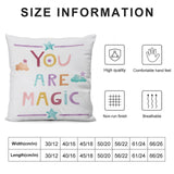 Short plush pillow cover with "You Are Magic" text, white, with size chart, featuring high quality and breathable.