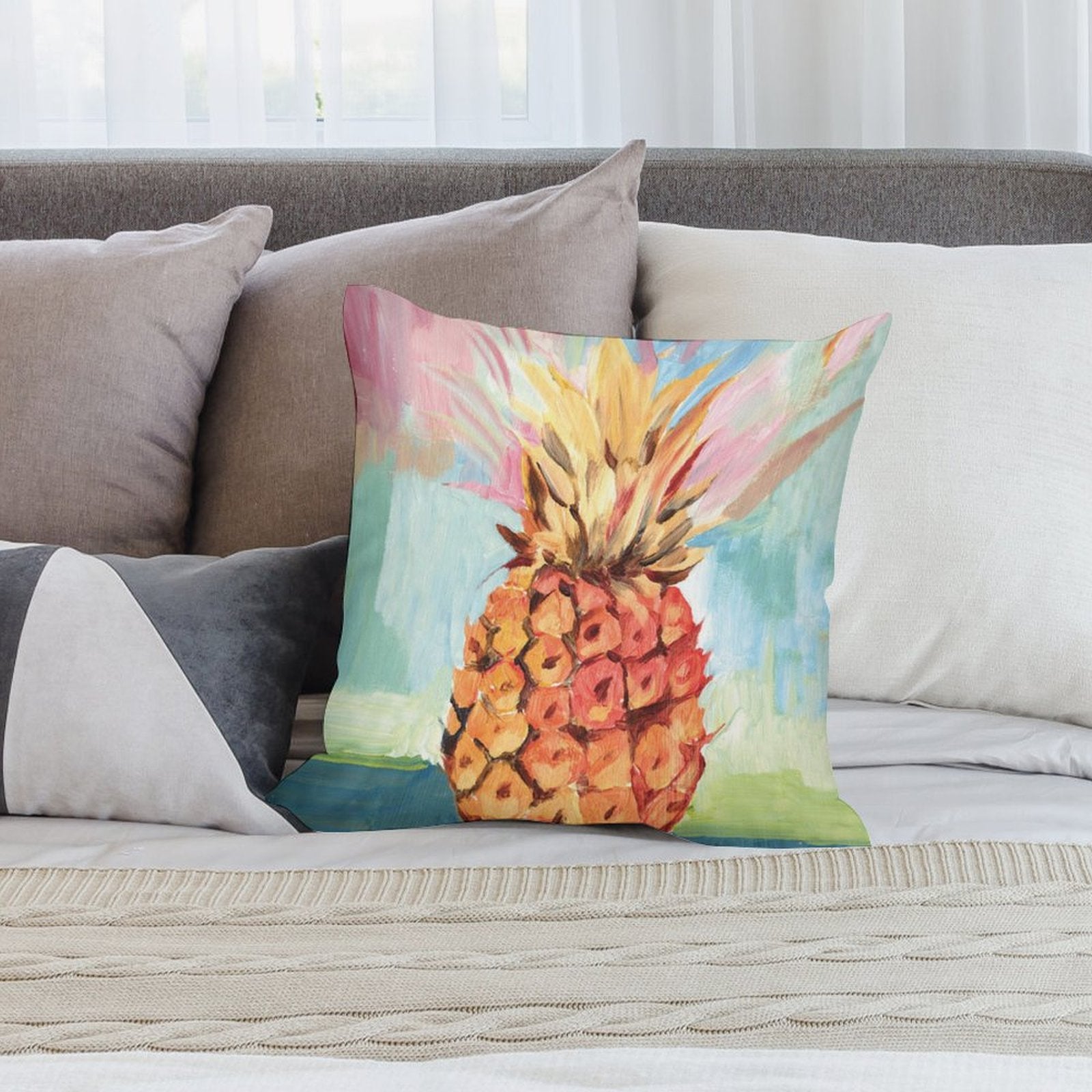 Pineapple pillow cover for couch or sofa, painted design, soft plush, home decor