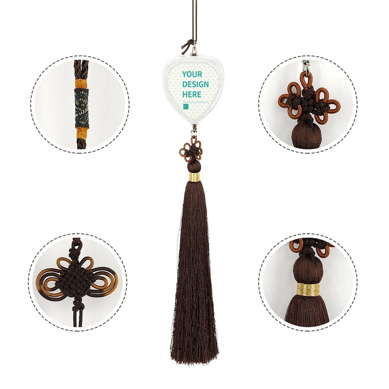 Personalized car pendant with glass heart design, Chinese knot, and tassel, featuring "YOUR DESIGN HERE" for custom image.