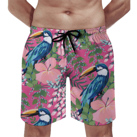 Men's pink toucan Hawaiian shorts, quick-dry beach trunks, gift for boyfriend