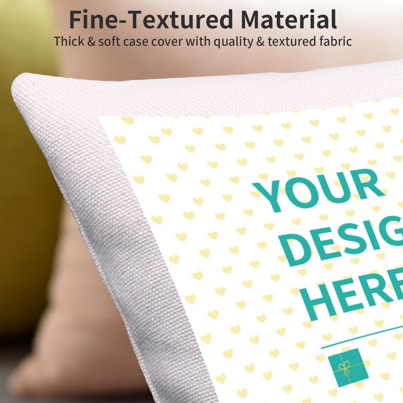Customizable cotton linen pillow with 'YOUR DESIGN HERE' and a gift box; perfect for personalized gifts and home decor.