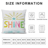 Soft plush pillow cover with colorful "SHINE" design, perfect for couch or sofa, with size options and quality icons.