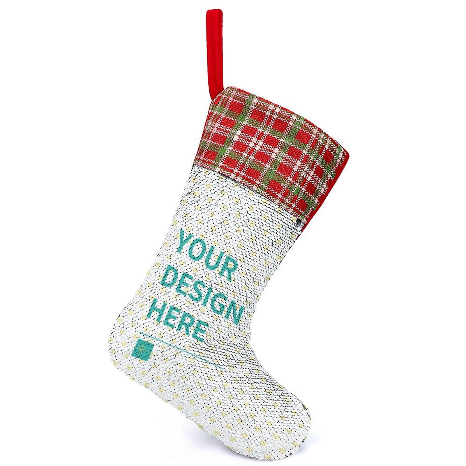 Personalized sequin Christmas stocking with plaid cuff and hanging loop. Includes custom design option.
