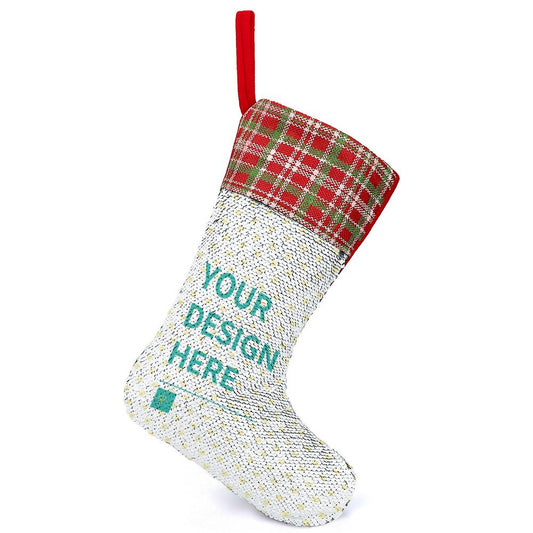 Personalized sequin Christmas stocking with plaid cuff and hanging loop. Includes custom design option.