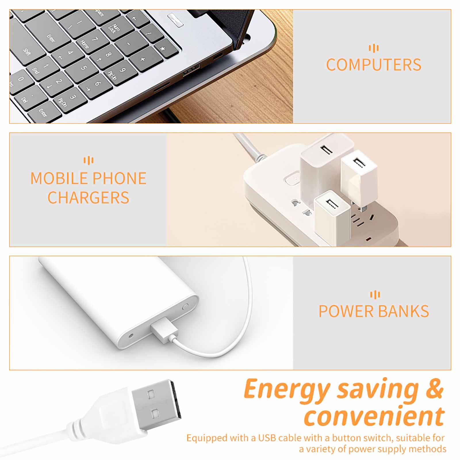 Electronic devices and USB power accessories, including laptops, power banks, and chargers for convenient use.