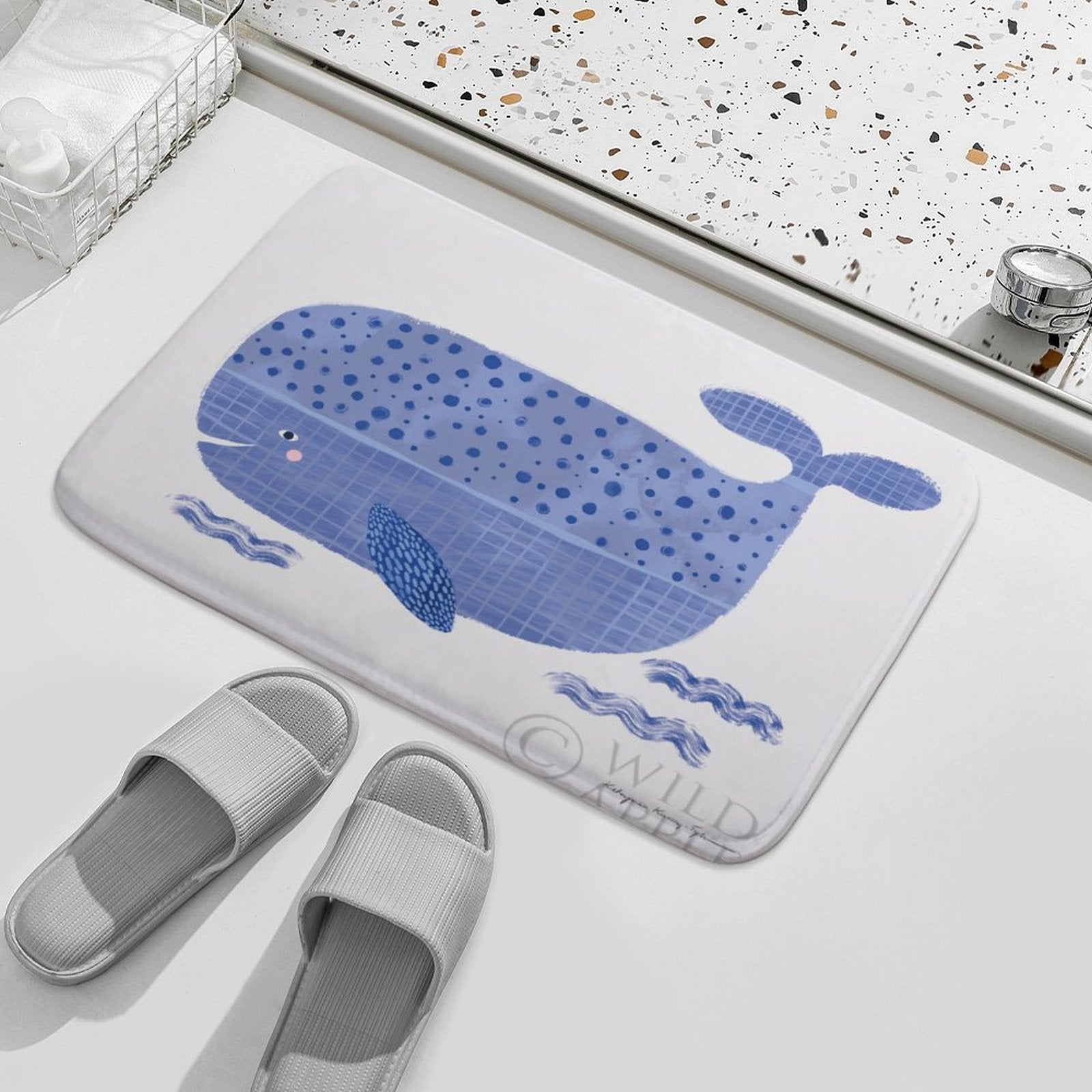 Coral velvet whale bath rug with a blue whale design, perfect for bathroom and kitchen