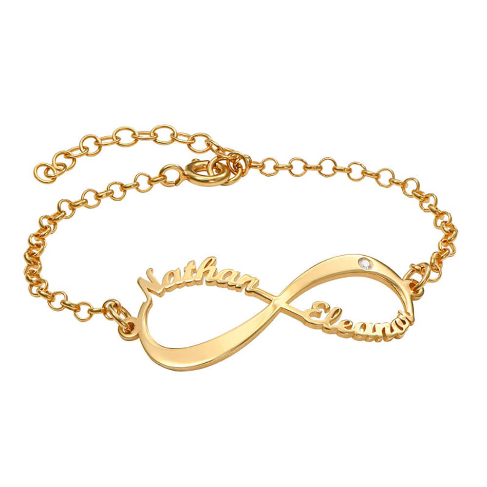 Personalized Gold Infinity Bracelet with Names Nathan and Eleana, Custom Name Jewelry