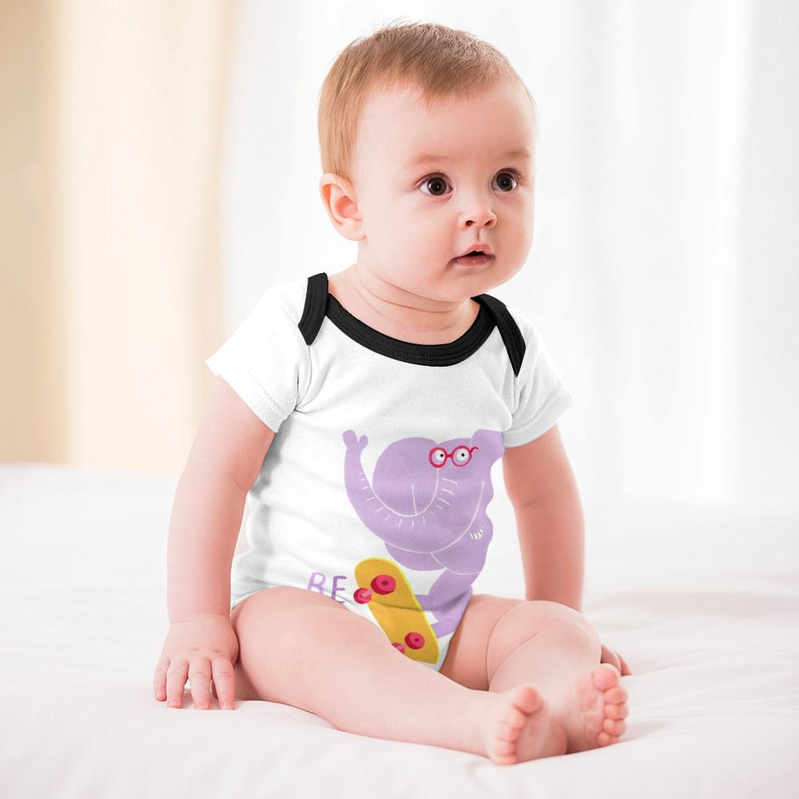 Infant bodysuit with skateboarding elephant and 'BE UNIQUE' design from MyArtsyGift. Comfortable and unique baby clothing.