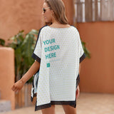 Customizable swimsuit cover up with 'YOUR DESIGN HERE' print, black lace trim. Perfect for beach or pool coverup.