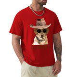 Red men's t-shirt featuring a Cowboy dog graphic. Comfortable crew neck tee for casual wear.
